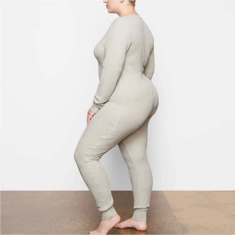 SKIMS Talc Waffle Knit Henley Front Thermal Onesie Sz L NWT